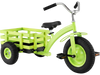 Kids tricycle in green with a storage basket, 15-inch inflatable rubber tires, and adjustable seat for comfortable riding.
