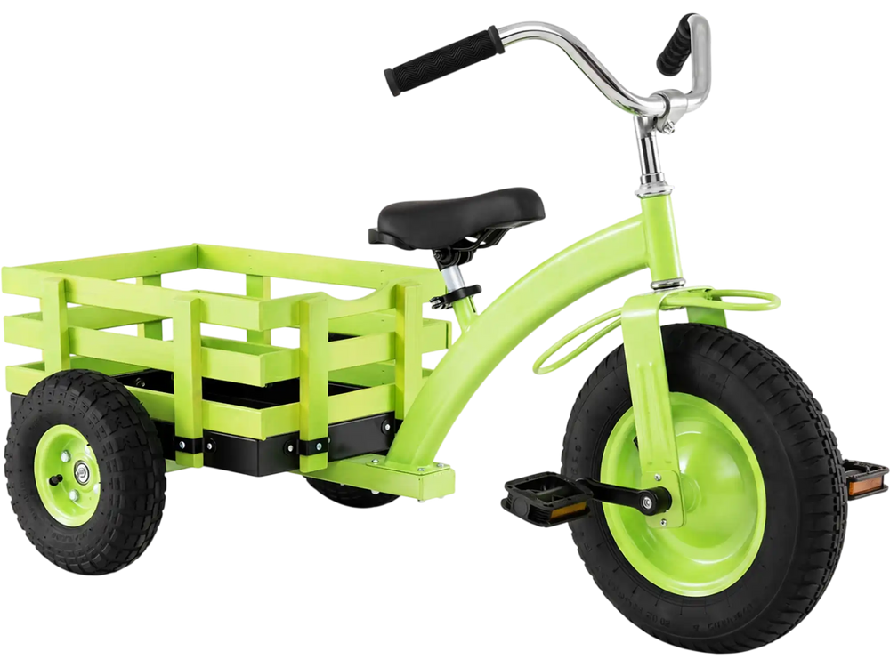 Kids tricycle in green with a storage basket, 15-inch inflatable rubber tires, and adjustable seat for comfortable riding.