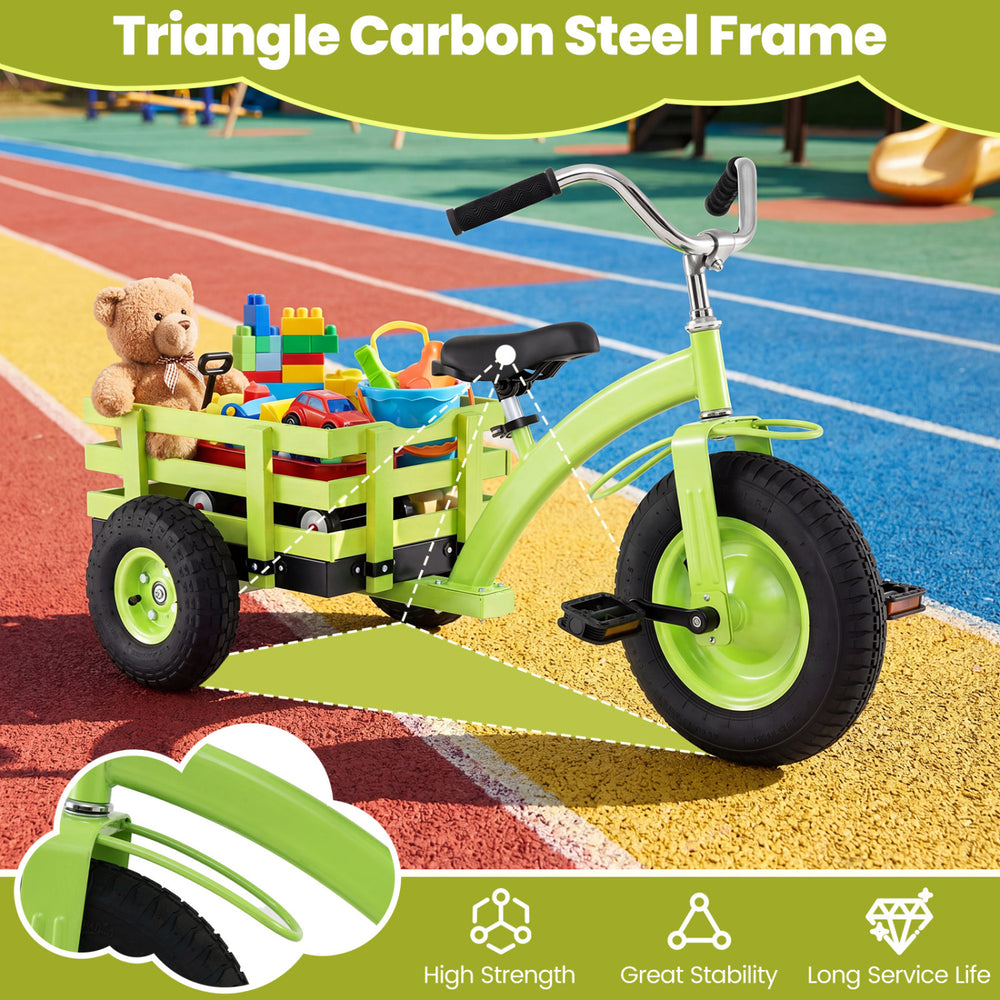 Kids tricycle in green with a triangle carbon steel frame, inflatable rubber tires, and a storage basket for playtime organization.
