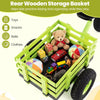 Wooden storage basket on a green kids tricycle, ideal for organizing toys, snacks, and clothes during playtime.