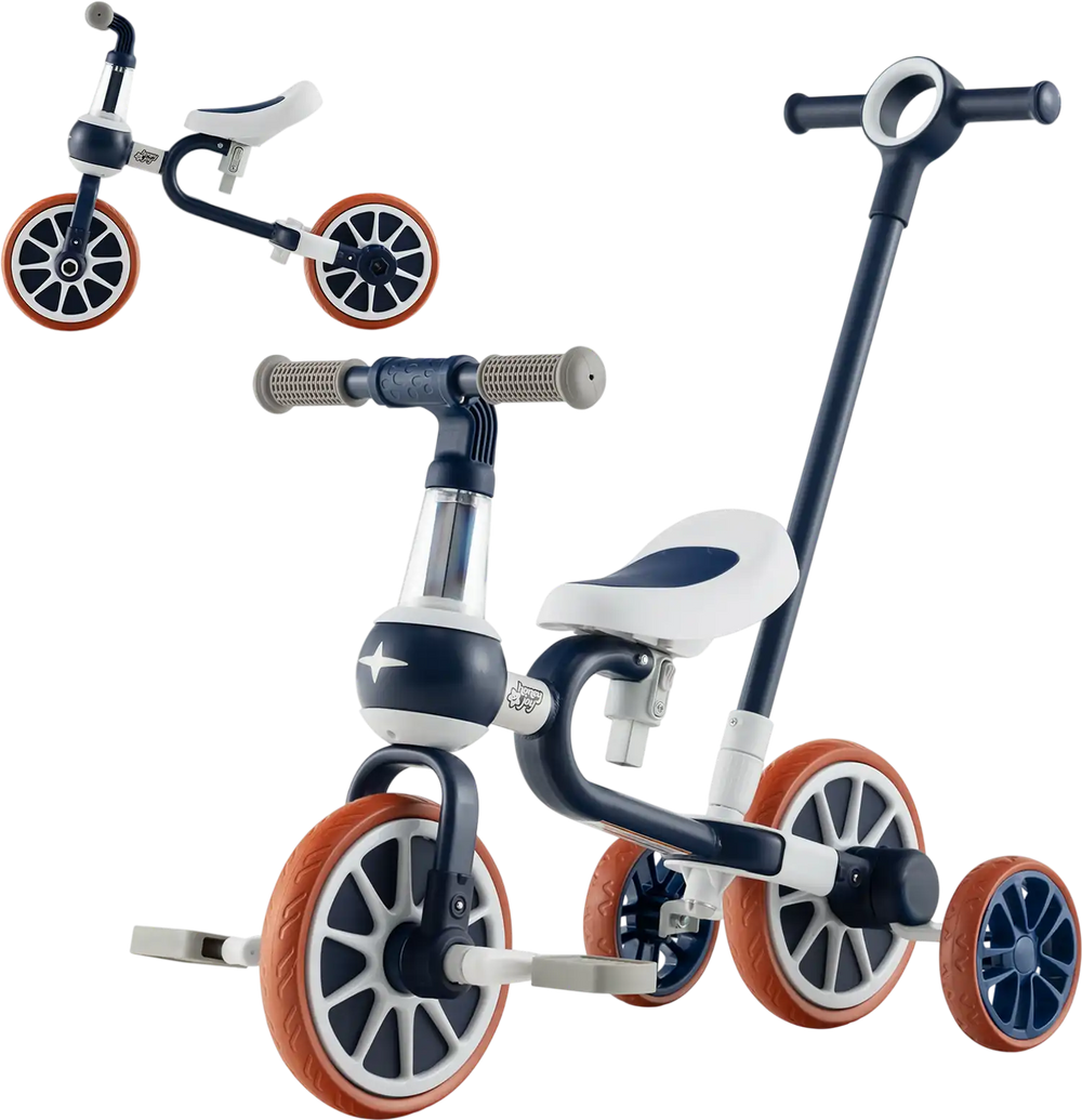 Kids 4-in-1 trike bike in navy with adjustable seat and push handle, featuring non-slip EVA wheels for safe riding.