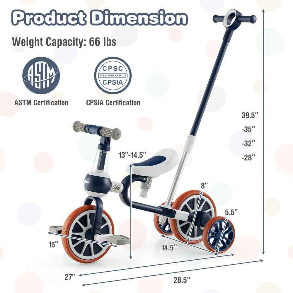 Dimensions of the 4-in-1 Kids Trike Bike with adjustable seat height and parent push handle, designed for safety and.