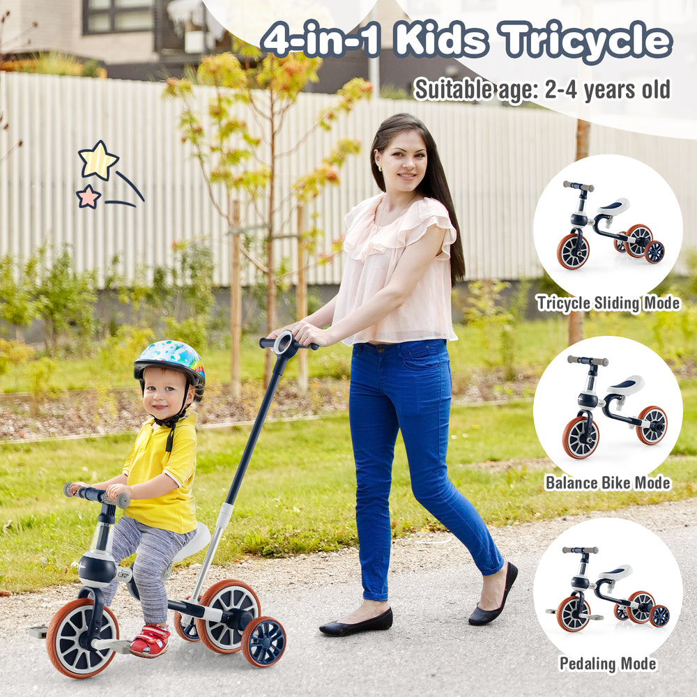 Kids tricycle in navy with adjustable seat and parent push handle, suitable for ages 2-4, featuring 4 riding modes.