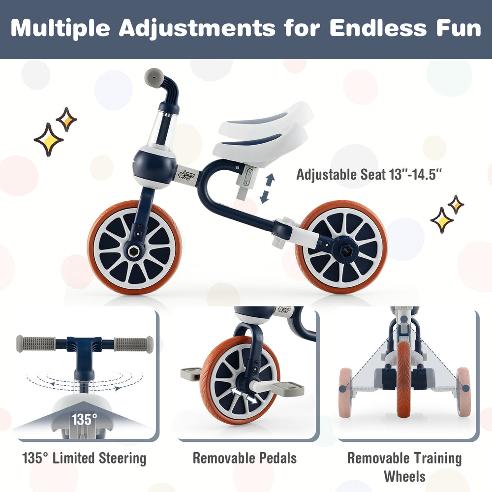 4-in-1 kids trike bike in navy with adjustable seat and removable pedals, designed for children aged 2 to 4 years.