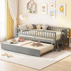 Kids twin size gray bed with trundle, bookshelf, and 2-step ladder, featuring safety guardrails and plywood slats.