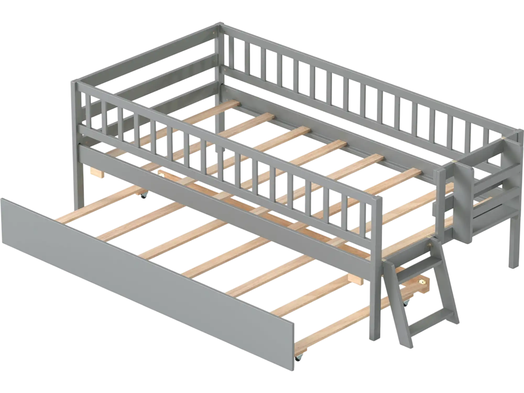Costway Kids Twin Bed w/ Trundle Bookshelf 2-Step Ladder 39098127 New