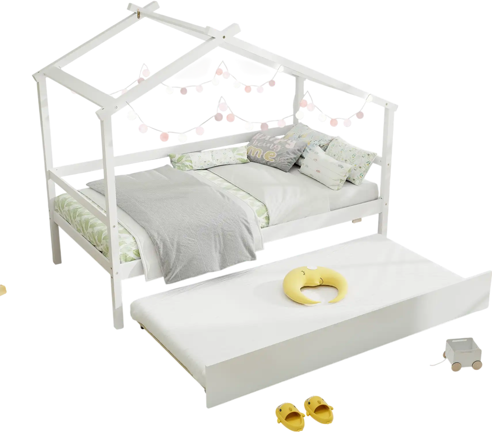 Costway Kids Twin House Bed with Trundle Roof White 71528963 New