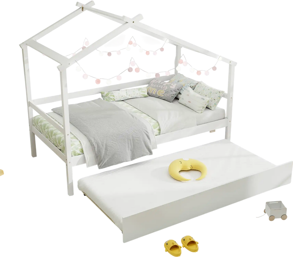 Kids twin size house bed in white with trundle, featuring a roof and decorative lights, perfect for creative bedroom.