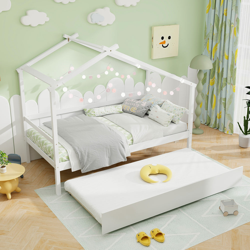 Kids Twin Size House Bed with Trundle and Roof-White - Gallery View 1 of 10
