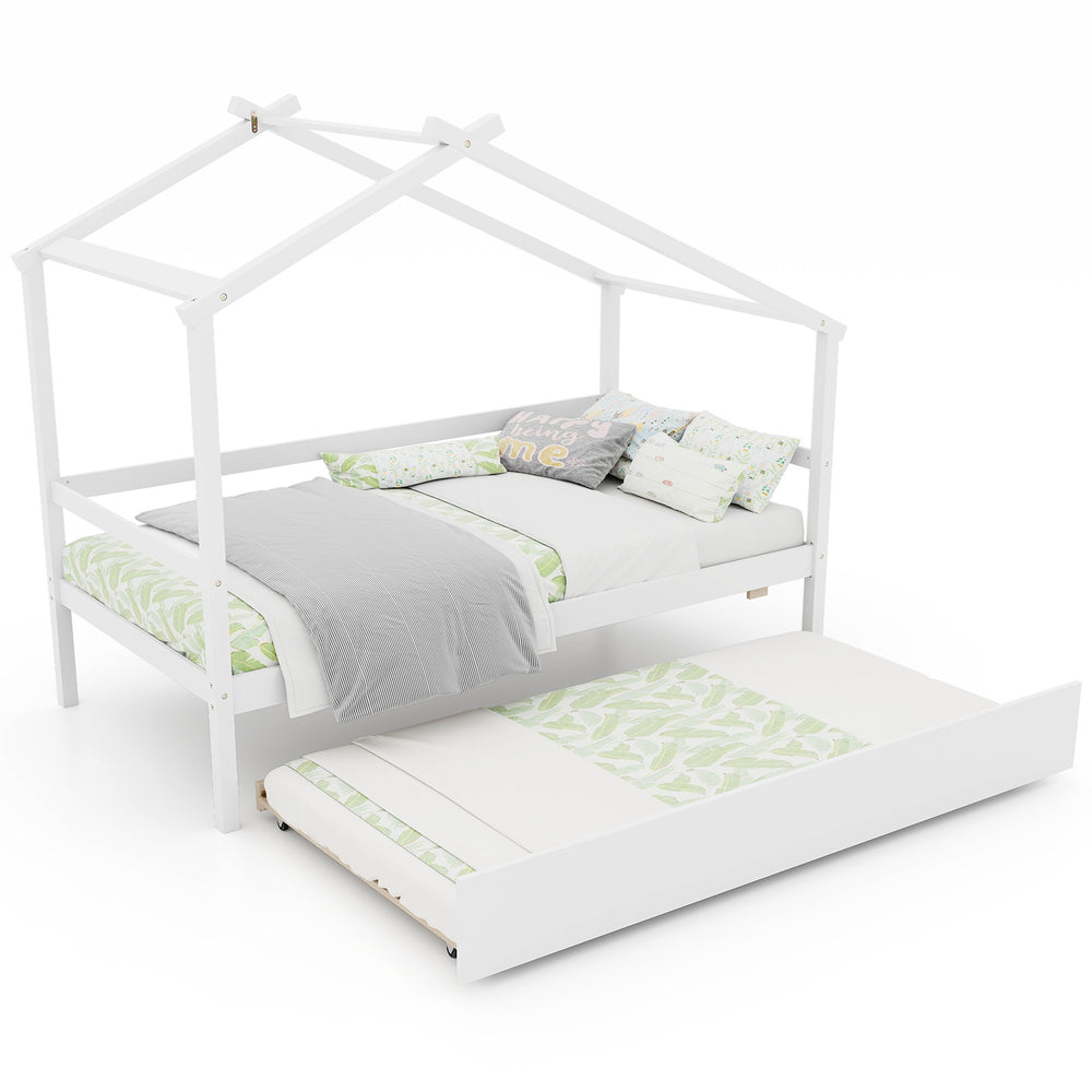 Kids twin size house bed in white with trundle, featuring a roof design and smooth wheels for easy access.