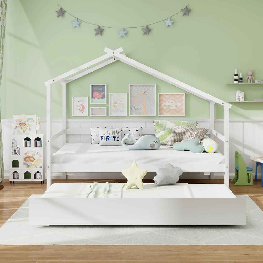 Kids twin size house bed with trundle in white, featuring a roof design and space-saving storage for extra sleeping.