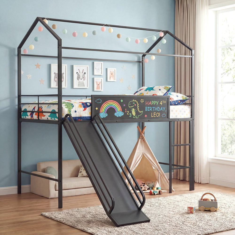 Kids Twin Size Loft Bed with Ladder and Slide for Bedroom-Black - Gallery View 1 of 10