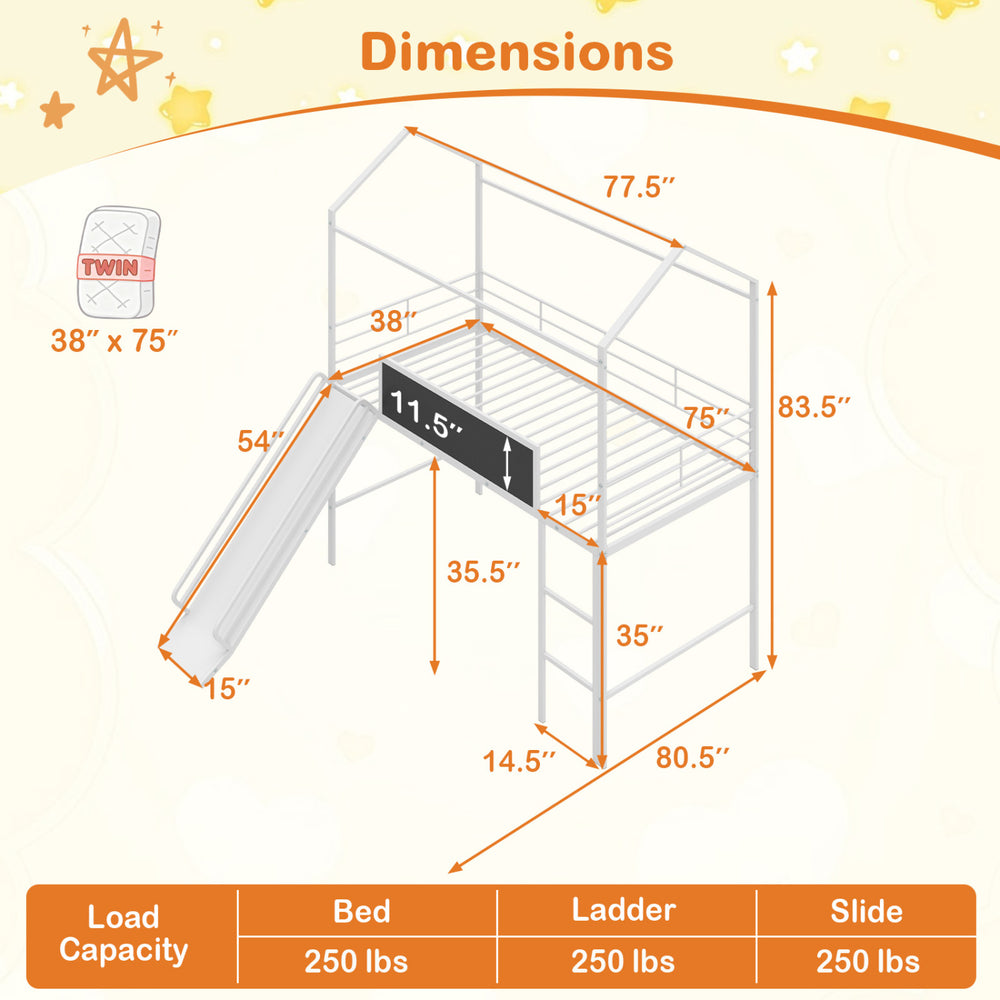Kids twin size loft bed with ladder and slide, featuring a house-shaped design and 11.5" high guardrail for safety.