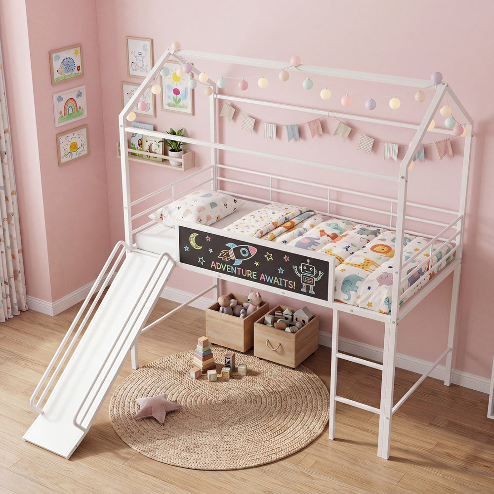 Kids twin size loft bed in white with slide, chalkboard, and house design, perfect for creative bedroom adventures.