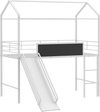 Kids twin size loft bed in white with ladder and slide, featuring a house-shaped design and chalkboard for creative.