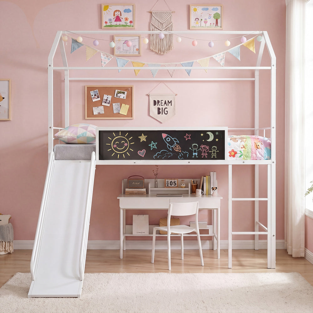Kids twin size loft bed with slide and chalkboard, featuring a house design and safe access ladder for bedroom fun.