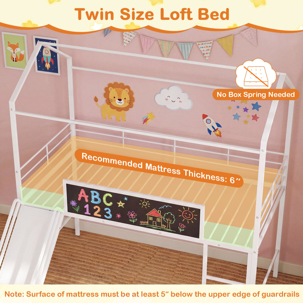 Kids twin size loft bed in white with ladder and slide, featuring a chalkboard and safe metal structure for bedroom fun.