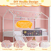 Kids twin size loft bed in white with house design, chalkboard, slide, and ladder for creative bedroom adventures.