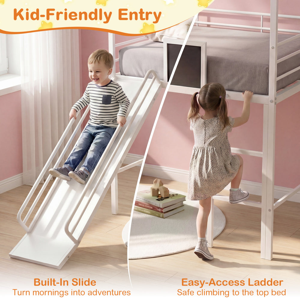 Kids twin size loft bed with built-in slide and easy-access ladder, designed for safe climbing and creative play.