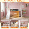 Kids twin size loft bed in white with slide, featuring versatile under-bed space for reading, storage, or play.