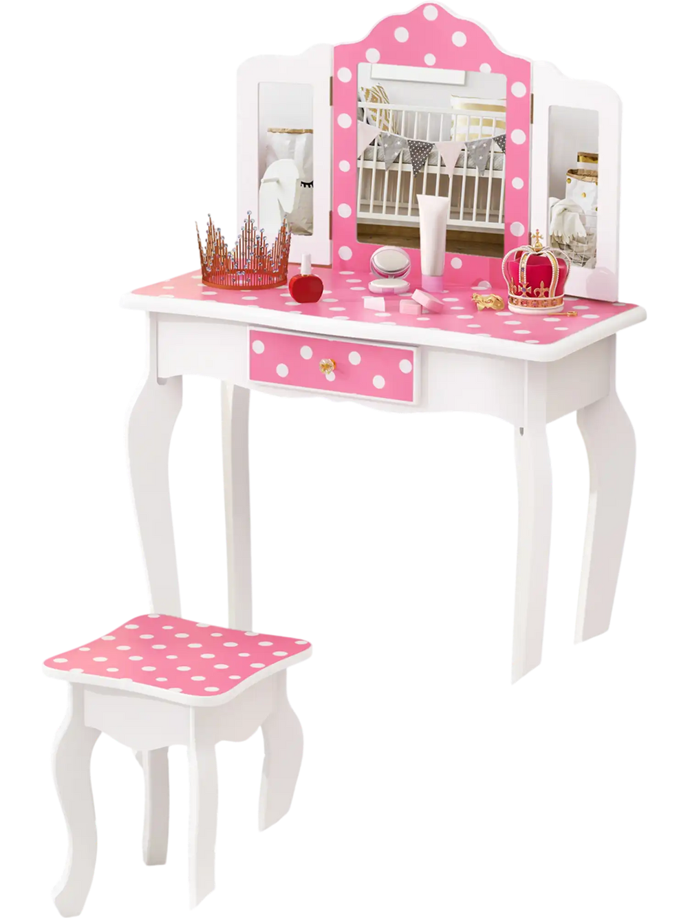 Pink Princess Pretend Play Makeup Dressing Table with tri-folding mirror, ample storage, and child-safe design for.