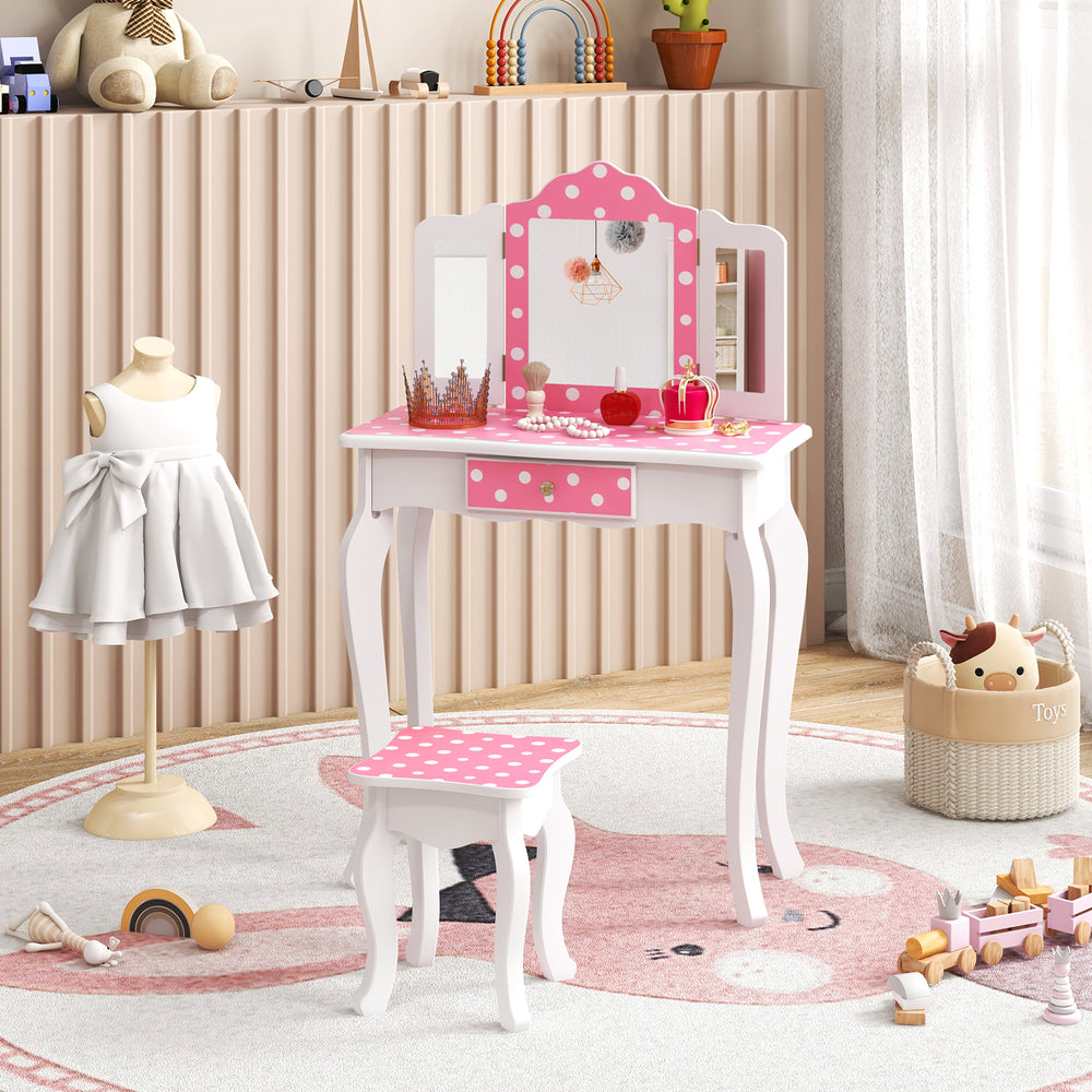 Pink polka dot stool accompanying the princess pretend play makeup dressing table, designed for comfort and stability.
