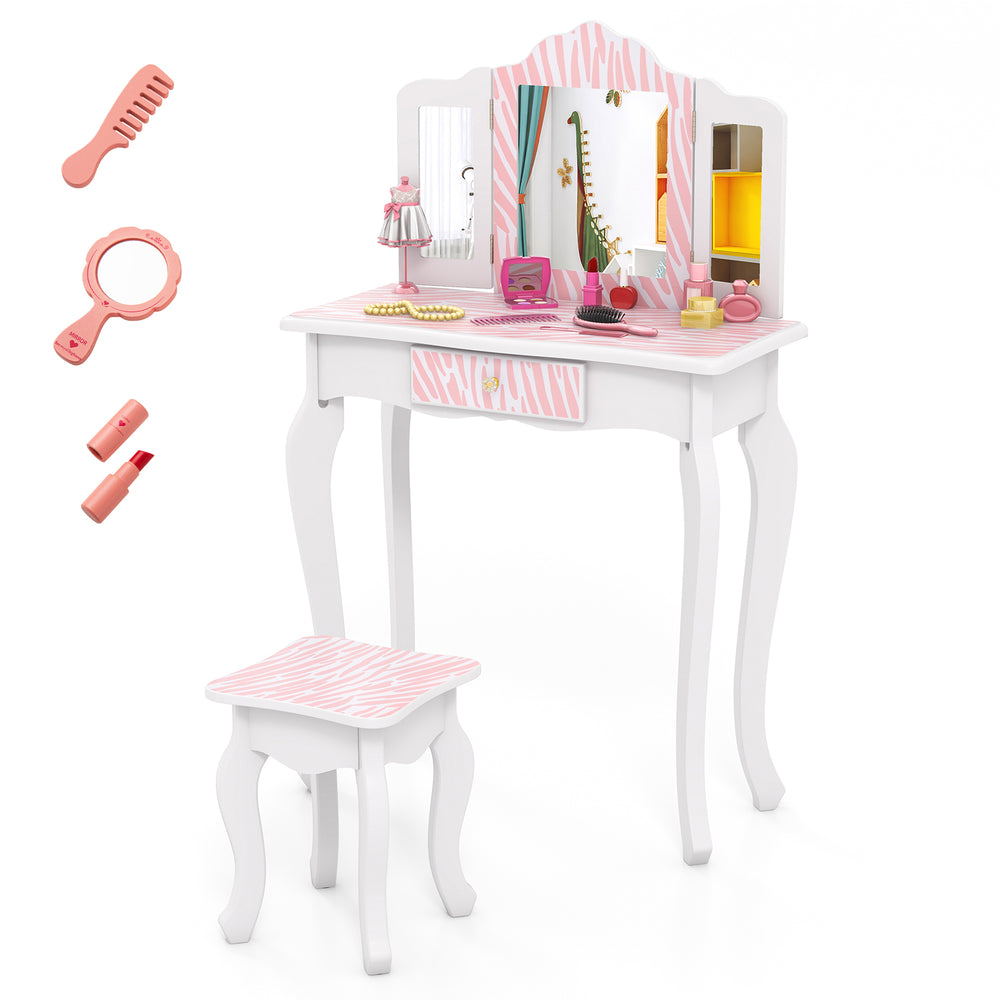 Kids vanity set in pink with tri-fold mirror, storage drawer, and makeup accessories for imaginative play.