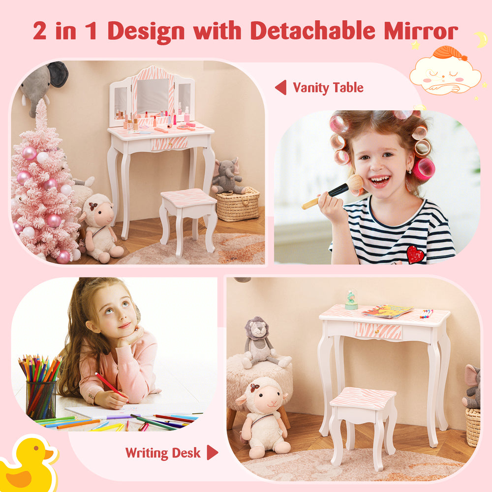 Kids vanity set in pink with detachable mirror, featuring a large storage drawer and sturdy wooden construction for.