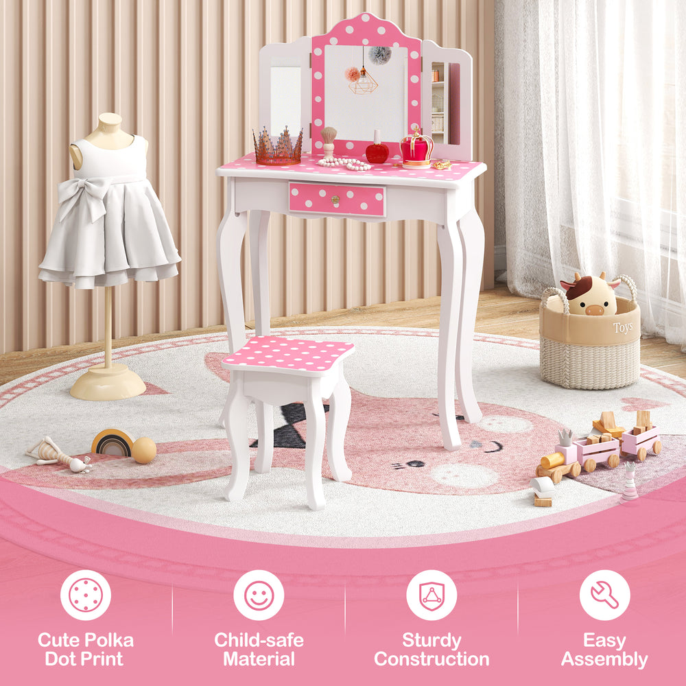 Princess pretend play makeup dressing table in pink with polka dot print, tri-fold mirror, and sturdy construction for.