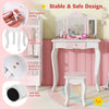 Kids vanity set in pink with tri-fold mirror, sturdy legs, and large storage drawer for organized playtime.