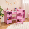Kids vanity table and chair set in pink with removable mirrors and storage bins, perfect for playroom or bedroom use.