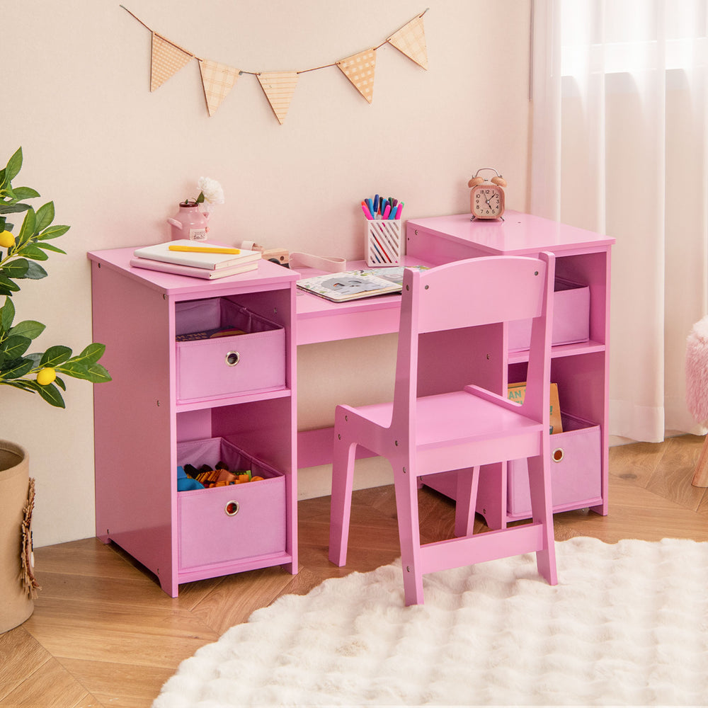 Kids vanity table and chair set in pink with removable mirrors and storage bins, perfect for playroom or bedroom use.