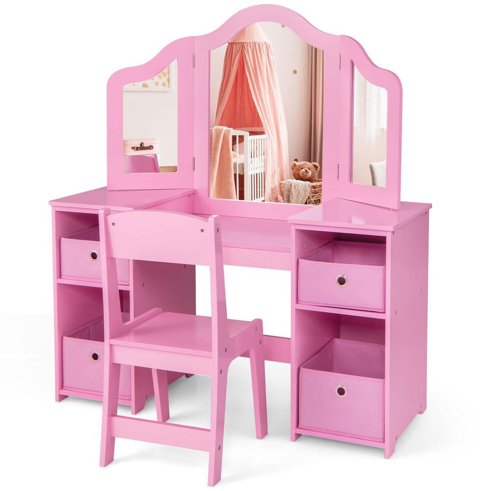 Kids vanity table and chair set in pink with removable mirrors and four storage bins, perfect for playrooms or bedrooms.