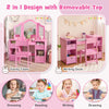Kids vanity table and chair set in pink with removable mirrors and 4 storage bins, perfect for dressing and writing.