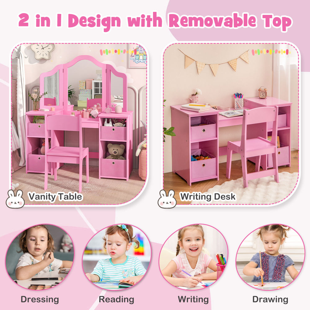 Kids vanity table and chair set in pink with removable mirrors and 4 storage bins, perfect for dressing and writing.