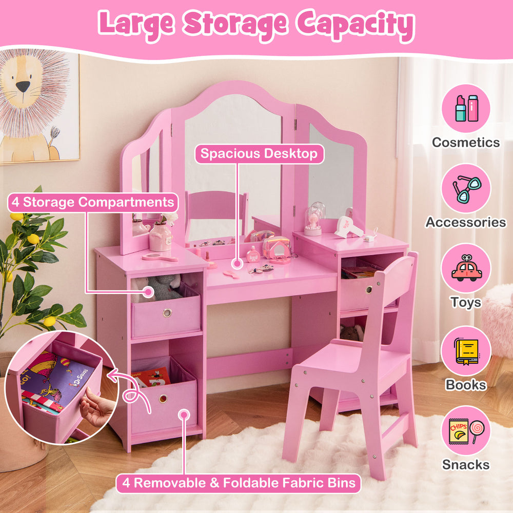 Kids vanity table set in pink with 4 storage bins, removable mirrors, and ergonomic chair for organized playtime.