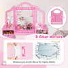 Kids vanity table set in pink featuring 3 removable shatterproof mirrors and 4 storage bins for organized play.