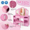 Kids vanity table and chair set in pink with removable mirrors, storage bins, and anti-toppling device for safety.