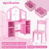 Kids vanity table and chair set in pink with removable mirrors, storage bins, and ergonomic design for ages 3 and up.