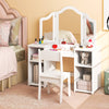 Kids vanity table in white with detachable tri-fold mirror, featuring 180° spinning side mirrors and spacious storage.