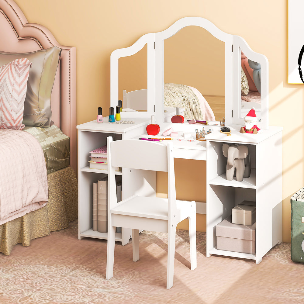 Kids Vanity Table and Chair Set with Removable Tri-Folding Mirror-White - Gallery View 1 of 11