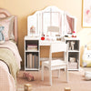 Kids vanity table and chair set in white with tri-folding mirror, perfect for dressing or writing, featuring ample.