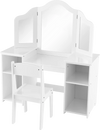 Kids vanity table and chair set in white with removable tri-fold mirror and ample storage for dressing or writing.
