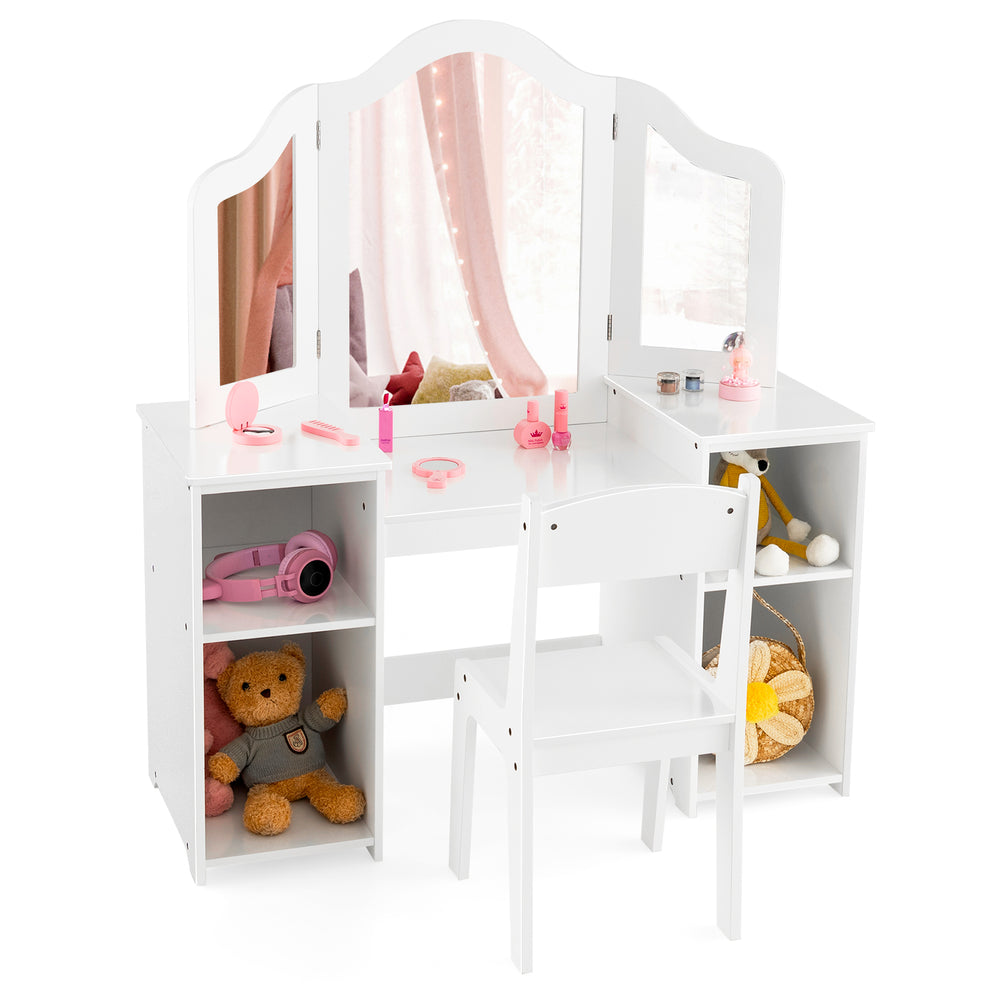 Kids vanity table and chair set in white with removable tri-folding mirror and ample storage for toys and accessories.