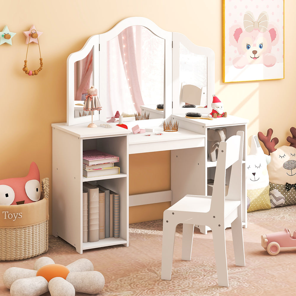 Kids vanity table and chair set in white with tri-folding mirror, ample storage, and ergonomic design for comfort.