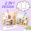 Kids vanity table set in white with removable tri-folding mirror, dual-use as a writing desk, and ample storage space.