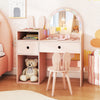 Kids vanity desk and chair set in pink with colorful lights, open shelves, and shatterproof mirror for safe play.