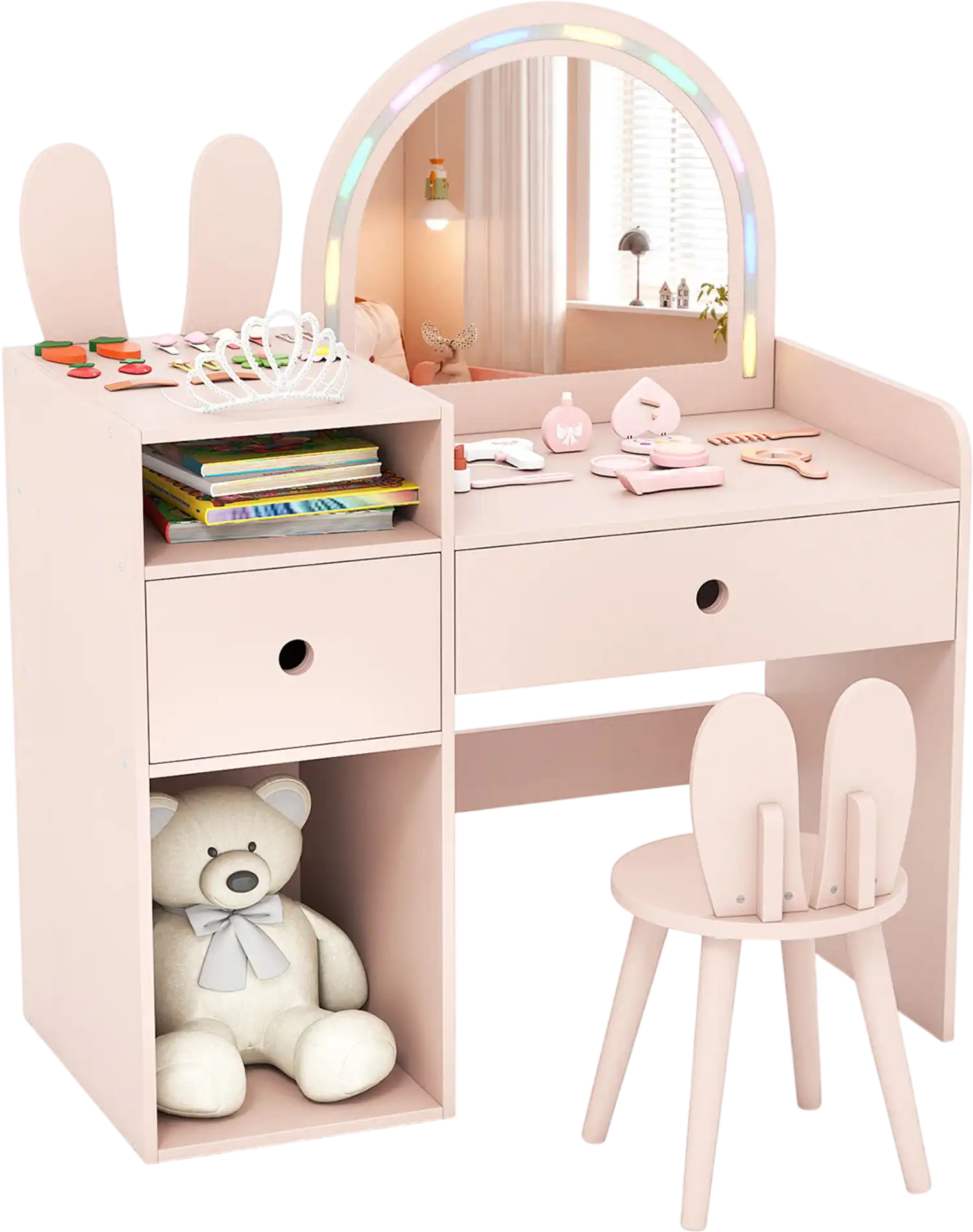 Costway Kids Vanity Desk & Chair Set with Lights Open Shelves 56376556 New