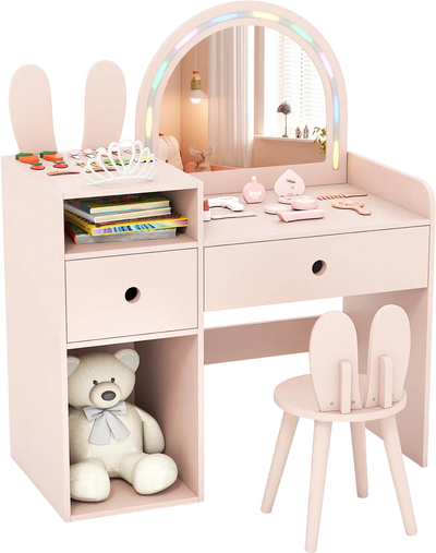 Costway Kids Vanity Desk & Chair Set with Lights Open Shelves 56376556 New