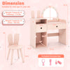 Kids vanity desk and chair set in pink with lights, featuring open shelves and a shatterproof mirror for safe play.